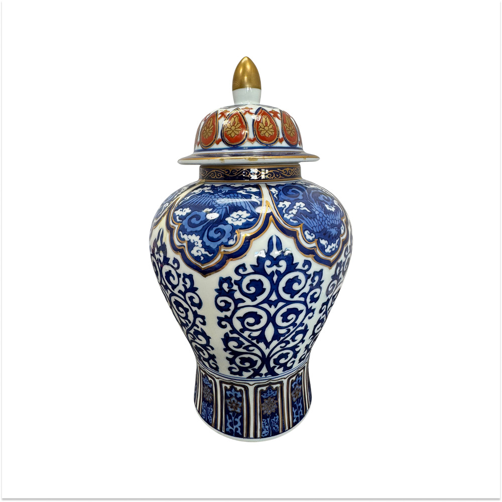 Vintage Toyo Japan Gold Imari Porcelain Ginger Jar Lidded Vase Cobalt Blue 11